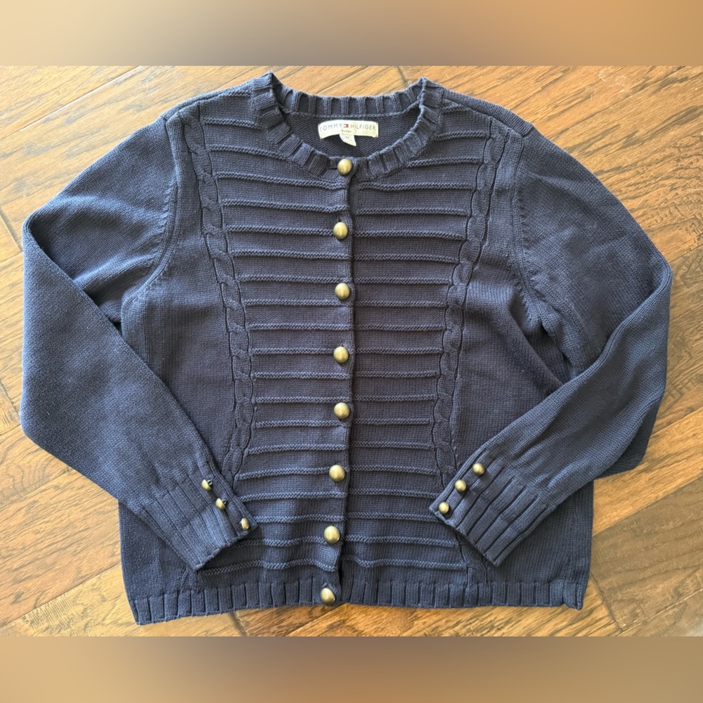 Y2K Women’s Tommy Hilfiger Navy Blue Sweater Cardigan with Gold Buttons size 2X